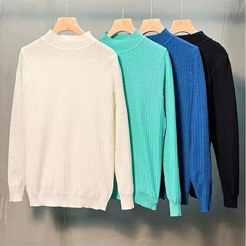 Mens Spring and Autumn Solid Color Casual with Bottom Line Japanese Trend Single Pull Knitted Sweater Half High Collar 240821