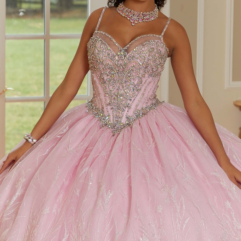Pink Shiny Spaghetti Strap Princess Quinceanera Dresses Ball Gown Classic Sequin Beads Crystal Tull Sweet 16 Dress Vestidos 15 De