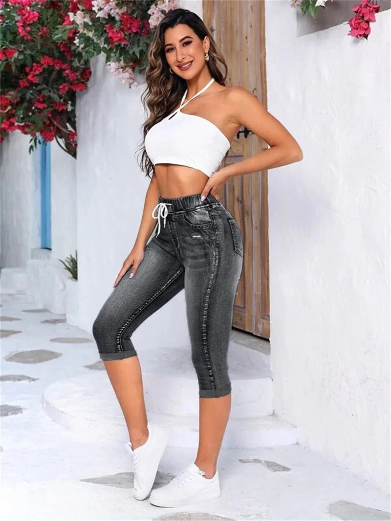 Summer Womens Elastic Waist Black Ripped Jeans Fashion High Stretch Calf-Length Denim Pencil Pants S-2XL 240821