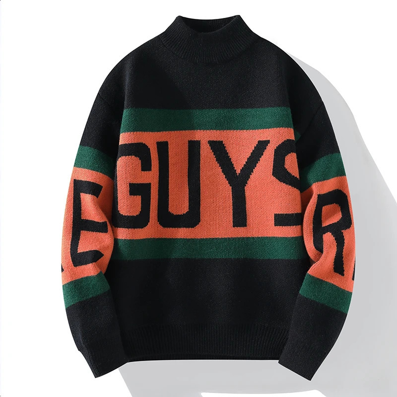 Autumn Winter Conflict Color Knitted Pullover Sweater Mens Round Neck Warm Fashion Letter 240821