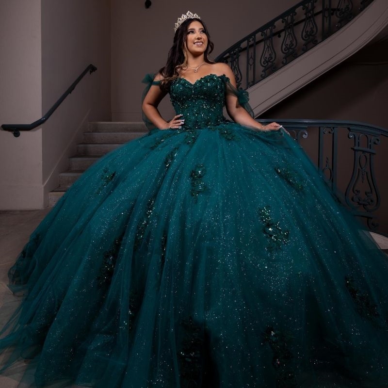 Blackish Green Shiny Off Shoulder Ball Gown Quinceanera Dresses 2025 Birthday Party Applique Lace Beads Tull Sweet 16 Dress vestido 15 de