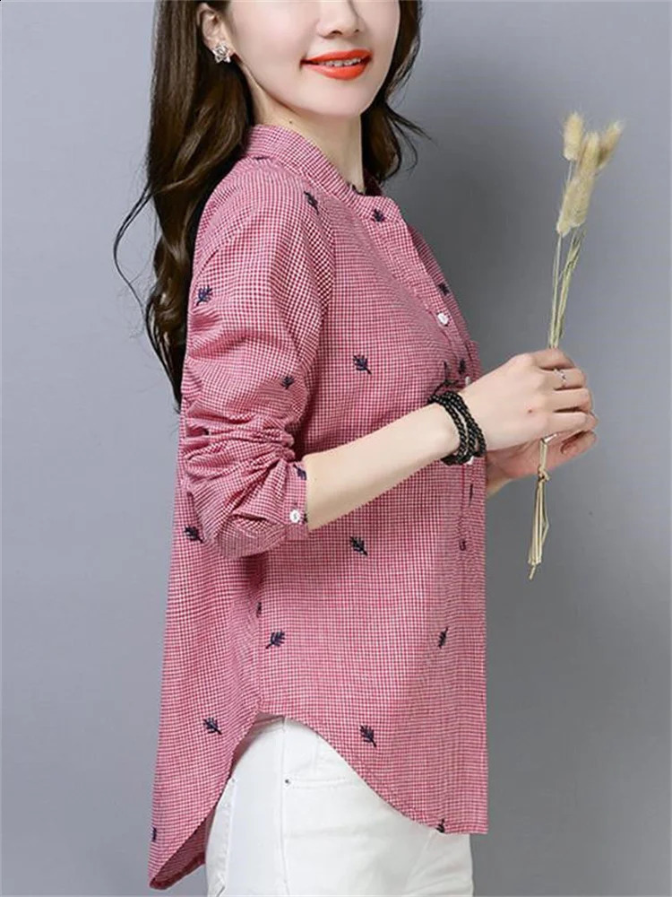 Womens Spring and Autumn style cotton shirt womens printed turtle neck button long sleeved Korean elegant top DF3878 240822