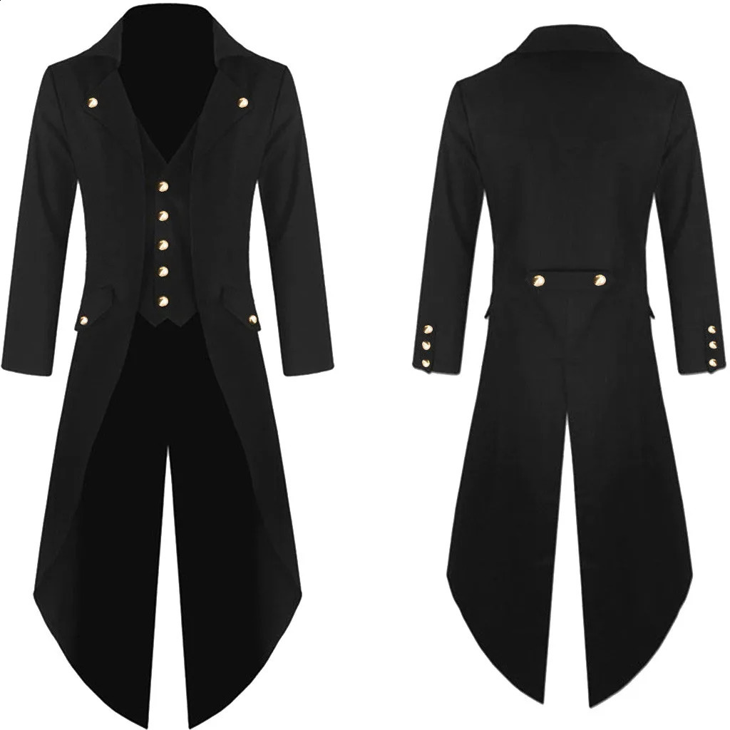 Mens Vintage Coat Punk Gothic Retro Trench Fashion Solid Button Jacket Long Windbreaker Male Clothing Solid Chaquetas Hombre 240822