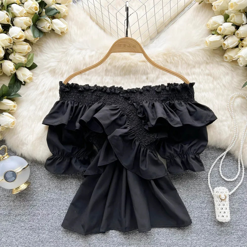 Elegant Blouses for Women Korean Style Blouse Short Sleeve Off Shoulder Shirt Woman Sweet Y2k Crop Top Femme Blusas Drop 240821