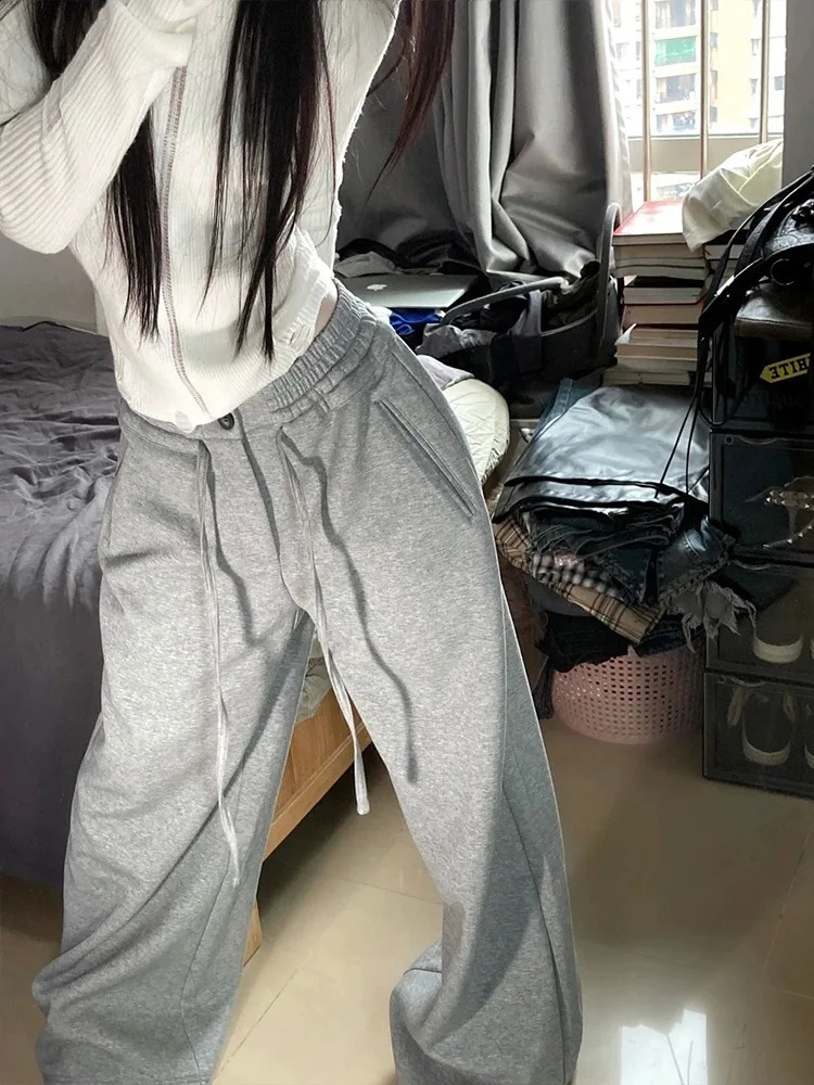 ADAgirl Women Baggy Sweatpants Grey Y2k Vintage Korean Style Drawstring High Waist Sports Pants Hip Hop Cleanfit Kpop Trousers 240821