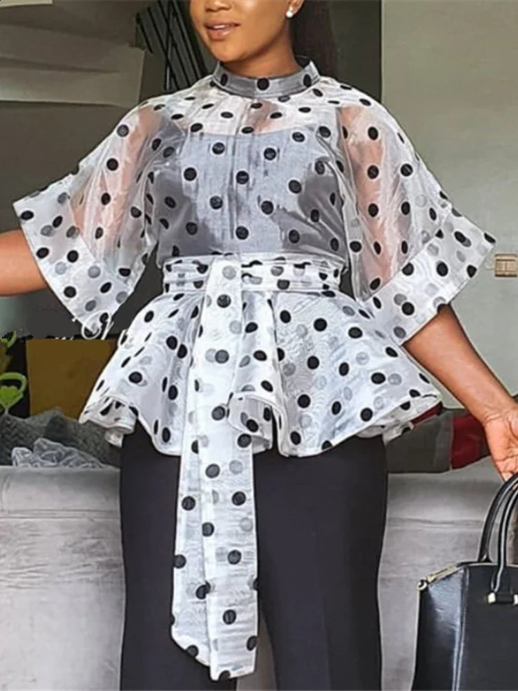 Plus Size Women White Blouses Polka Dot Peplum See Through Sexy Thin Transparent Half Flare Sleeve Waist Belt Tops Shirt Fashion 240821