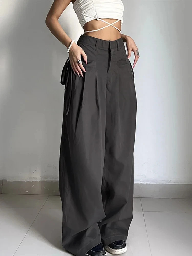 QWEEK Shirring Vintage Wide Leg Pants Women Gray High Waist Y2k Streetwear Casual Suit Pants Korean Loose Office Lady Trousers 240821