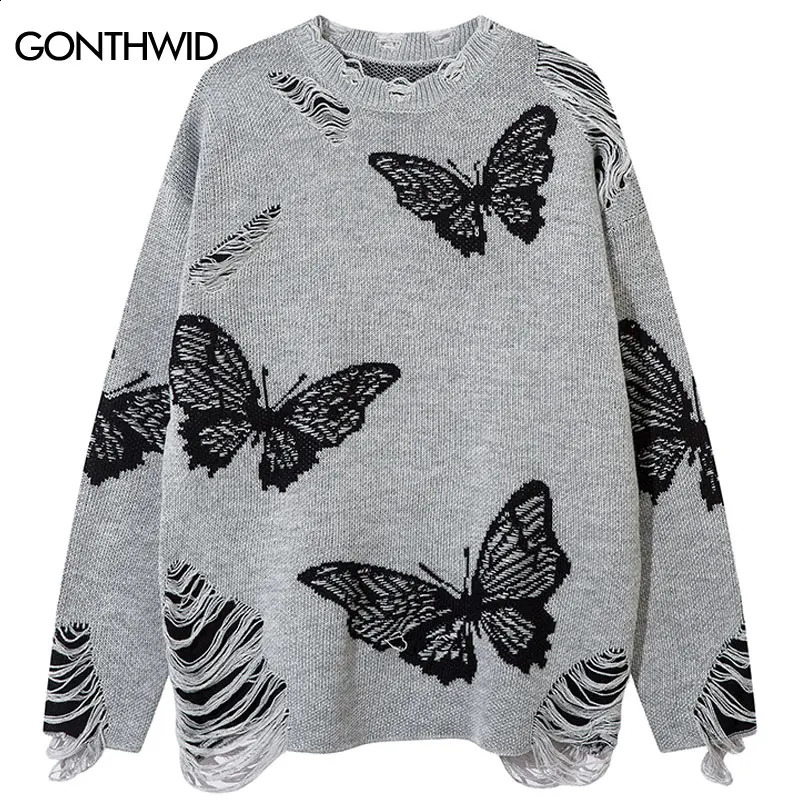 Vintage Oversized Sweater Y2K Grunge Ripped Hole Knitted Butterfly Punk Gothic Jumpers Streetwear Hip Hop Long Sleeve Sweaters 240821