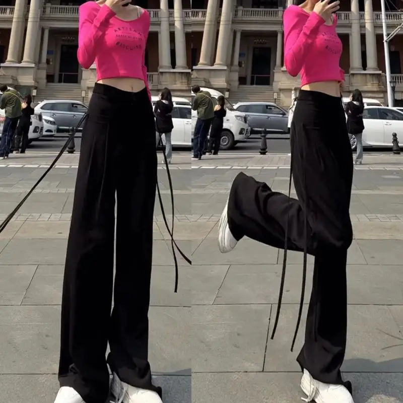 Women Korean Ribbon Casual Streetwear Harajuku Y2K Wide Leg Suit Pants Female Solid Straight Trousers High Waist Pantalones 240821