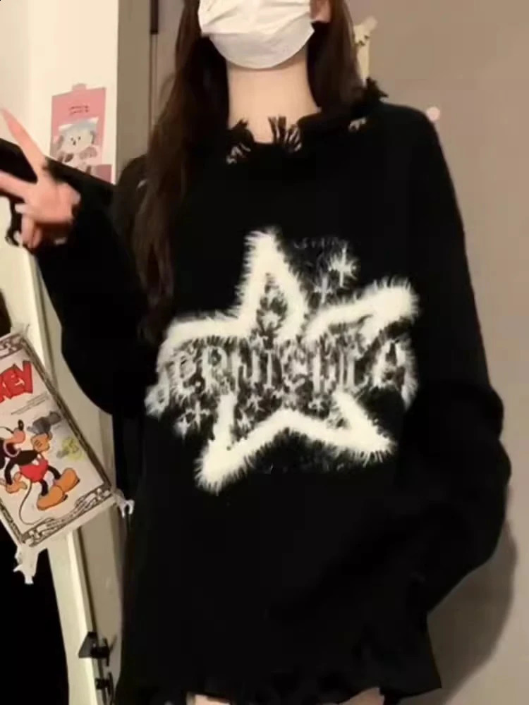 Womens black Gothic floral sweater Harajuku Korean style Y2k long sleeved skydiving knitted star retro 2000s oversized clothing 240821