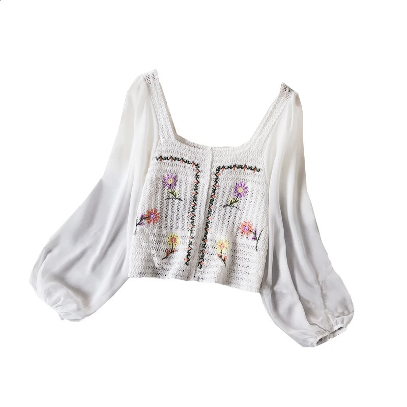 Woman Blouse Women Oversized Top Blouses Embroidery Long Sleeve Tees Crochet Shirt Floral Print Crop Streetwear Blusas Dropship 240821