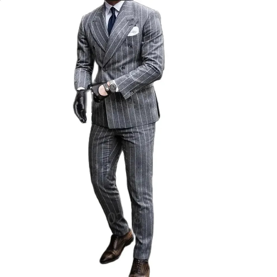 2 Pieces Classic Mens Suit Formal Striped Wedding Business Groom Prom Fashion Double Breasted Casual Slim Fit Blazer Pants 240821