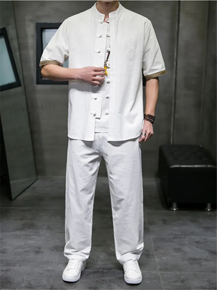 2 Pieces Summer Cotton Sets Men Chinese Style Solid Color Casual Tracksuit Streetwear Mens Short ShirtsLong Pants Plus Size 5XL 240821