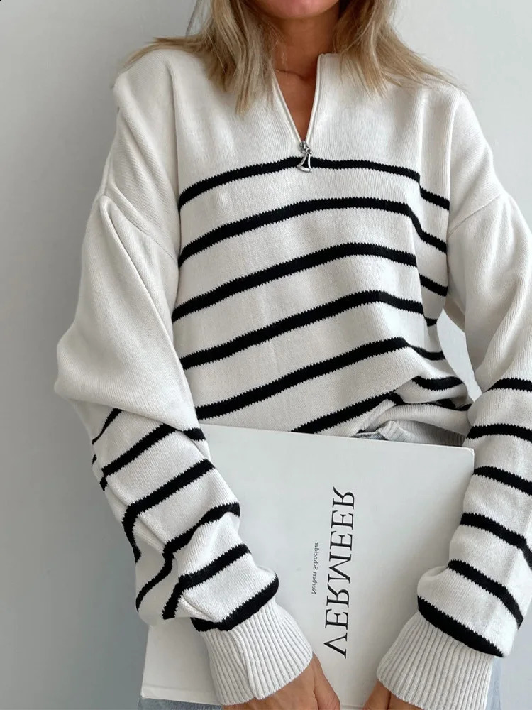 Winter Fashion Style Striped Knit Pullover Sweater Half Zip Ladies Casual Pullover Knitted Tops Women Sweater 240821