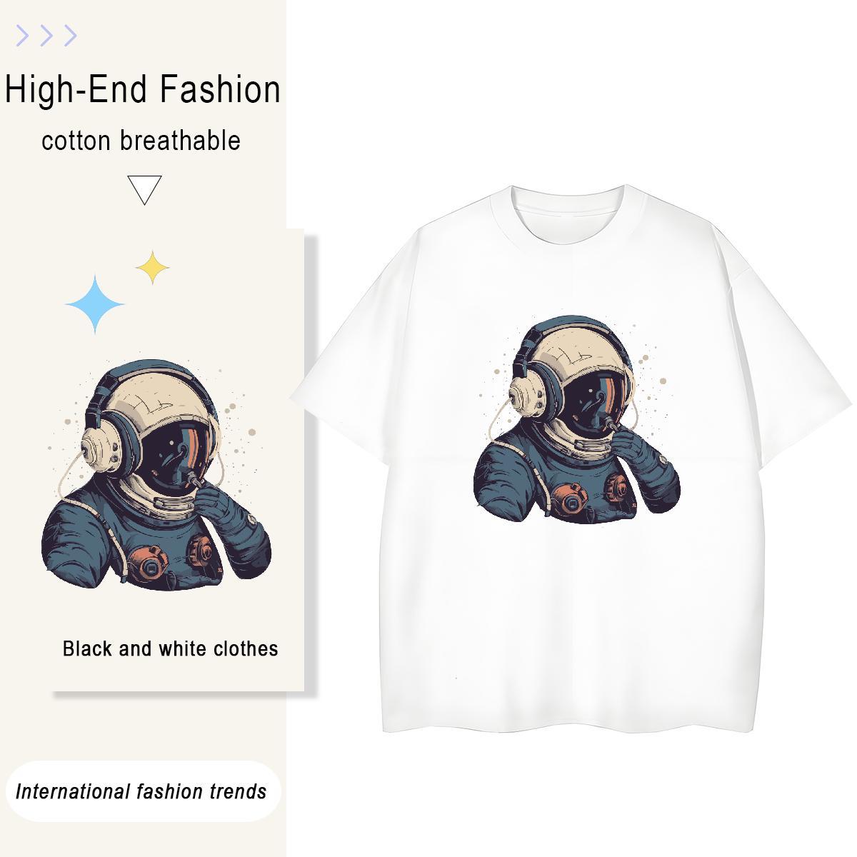 Loose Tshirt for Man Woman 100% Cotton 230g cosmonaut Daily Outfit T Shirts Women Short Sleeve O-Neck Anime Print Tees Shirts