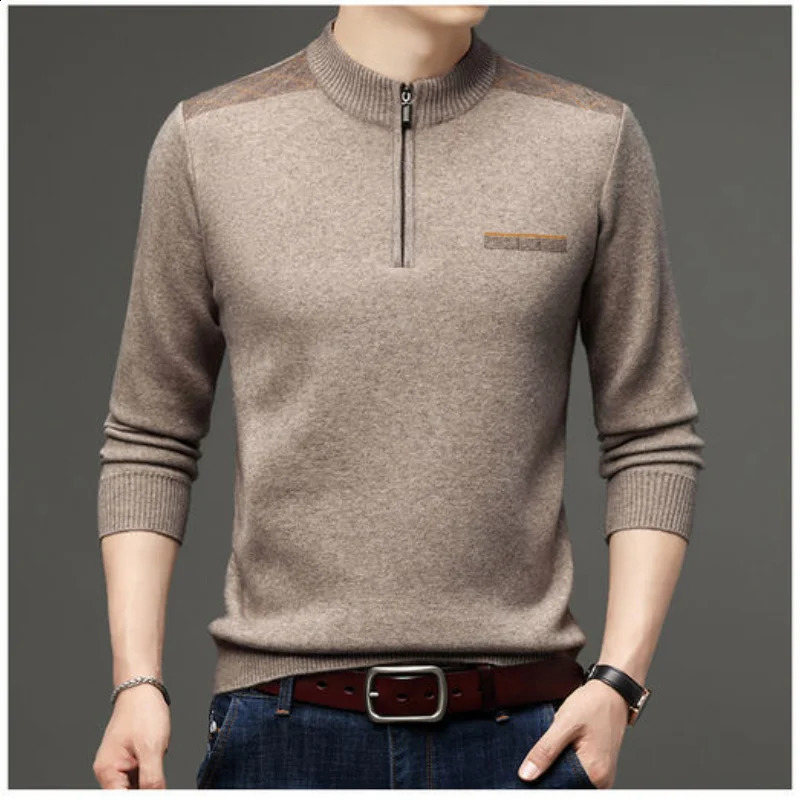 Winter Middle Aged Thick Warm Half Neck Zipper Standing Neck Wool Sweater Print Patchwork Business Casual Fleece Long Sleeve Top 240821