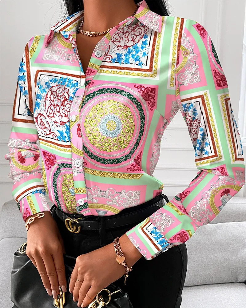 Women Fashion Wild Shirts ChainFloralLetterGeometric Square Print TurnDown Collar Long Sleeve Blouses 240821