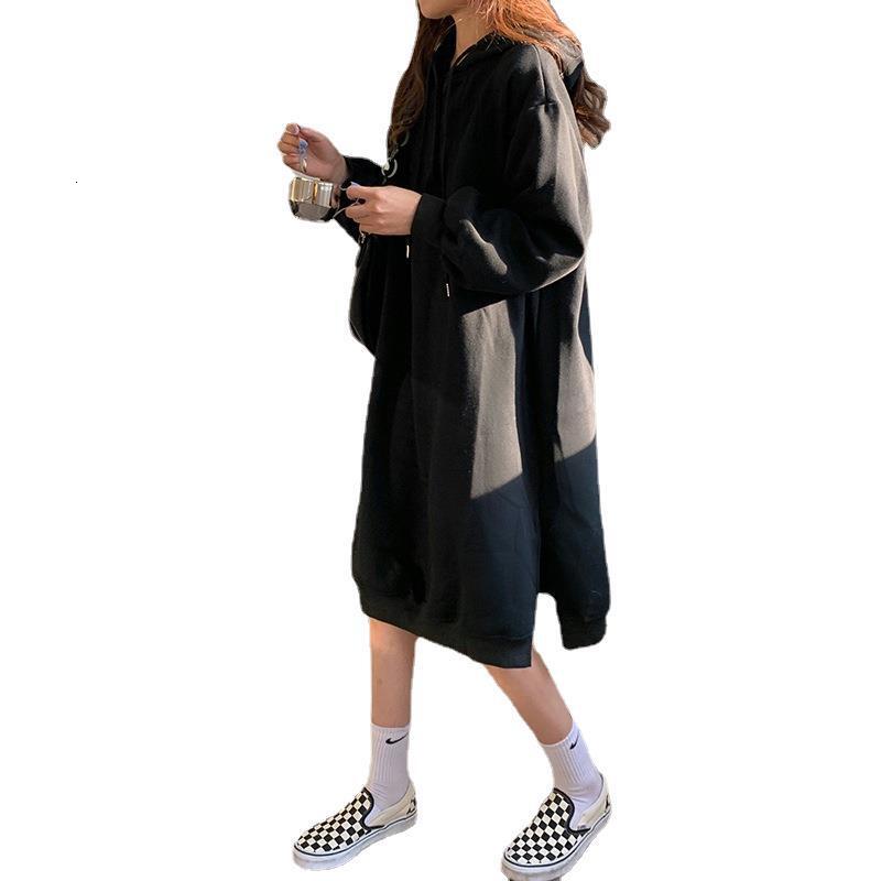 Solid color plus plush thick knee length hooded sweatshirt dress for women, autumn and winter sleeved long skirt with slit, trendy trend dongdumaoyi