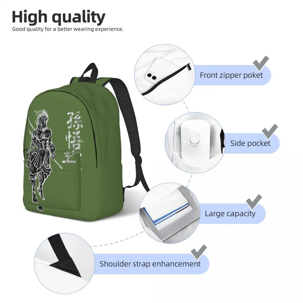 Kawaii Terrific Daypack Outdoor Zipper Closed Black Mythical Unisex Backpack 240822