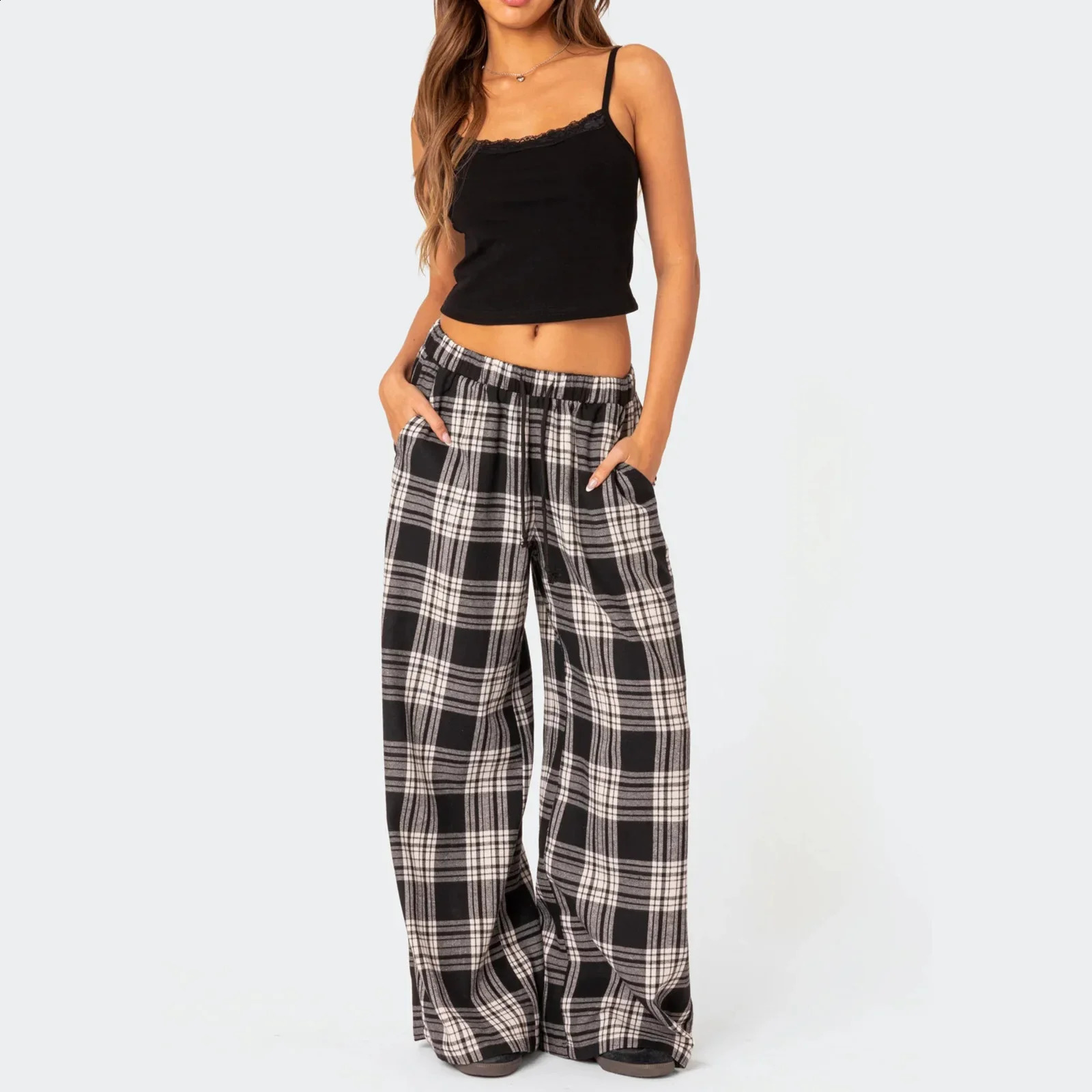 Combhasaki Women Y2K Vintage Casual Long Trousers Plaid Print Elastic Wide Low Waist Loose Wide Leg Lounging Pants with Pockets 240821