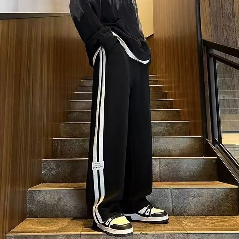 summer simple tall long striped pants mens summer draping large size sweatpants loose wide leg casual pants 240822