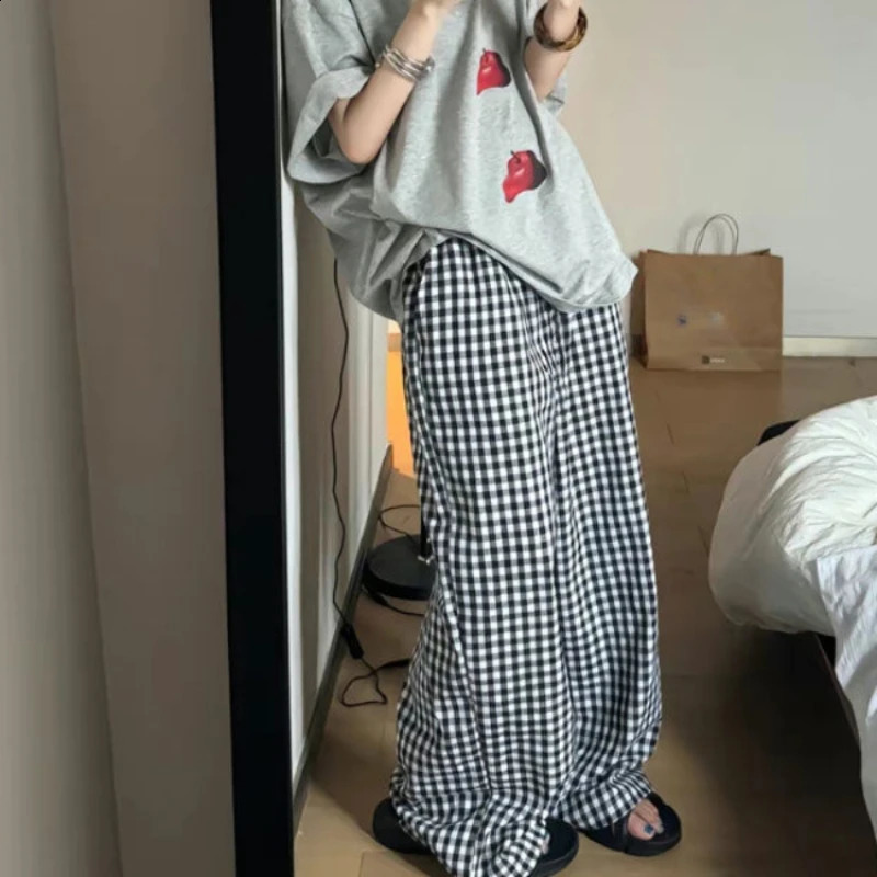 QWEEK Vintage Plaid Y2k Pants Woman Casual Harajuku Oversized Trousers Korean Fashion Wide Leg Summer Japanese 2000s Pockets 240821