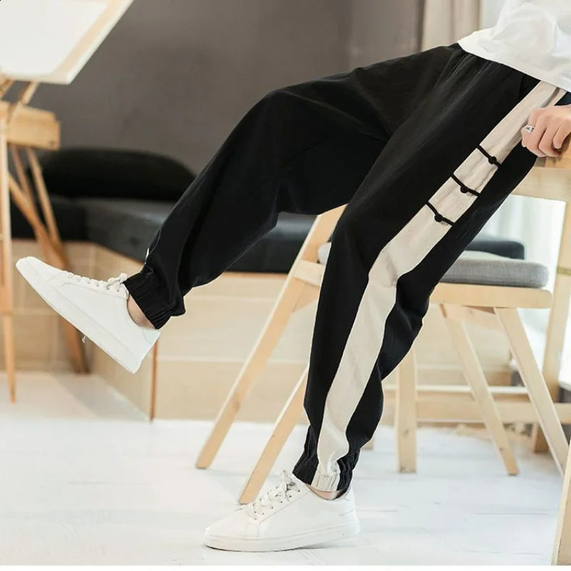 Koreon Summer Vintage Cotton Linen Sweatpants Streetwear Fashion Men Elastic Waist Pockets Slim Big Size Casual Trousers 240822