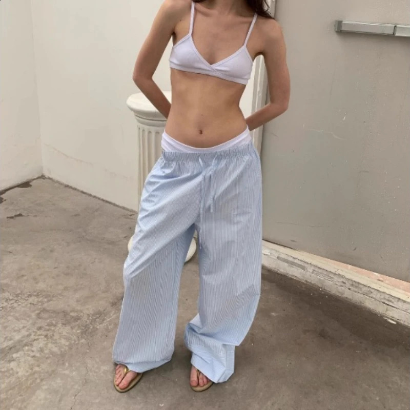 QWEEK Oversized Y2k Striped Womans Pants Baggy Harajuku Old Money Casual Basic Trousers Korean Fashion Wide Leg Elastic Waist 240821