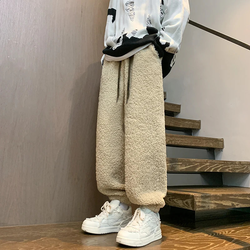 Winter Thickened Pants Men Warm Fashion Retro Lamb Wool Pants Men Oversized Streetwear Loose Straight Pants Mens Thick Trousers 240821