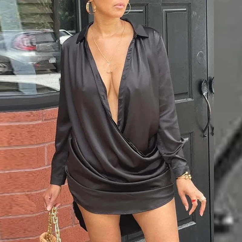 Autumn Dresses For Women Long Sleeve Lapel Pile Neck Single Breasted Pullover Satin Bodycon Mini Dress Party Shirt Dresses 240821