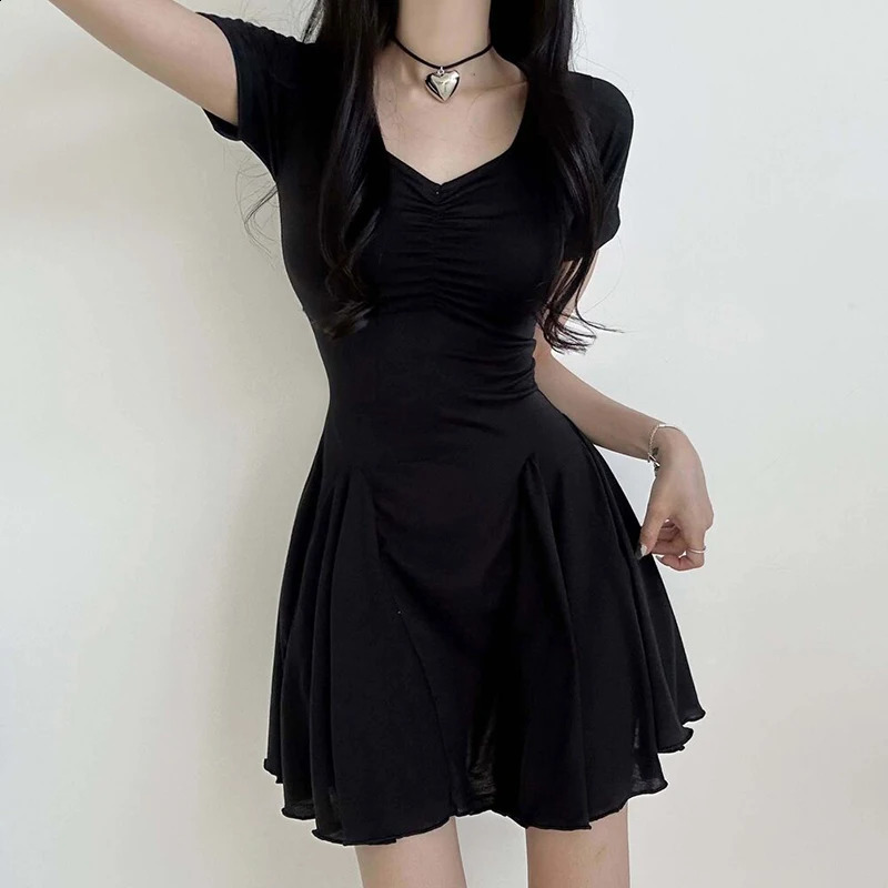 Darlingaga V Neck Folds Basic Short Casual Dress for Women Korean Fashion A-Line Sundress Draped Summer Dresses Clothing 240822