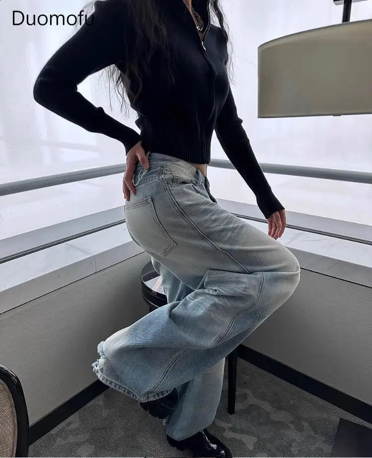 Duomofu Light Blue Classic Straight Strt Baggy Women Autumn Vintage Basic Simple Casual Slim High Waisted Jeans Z260313