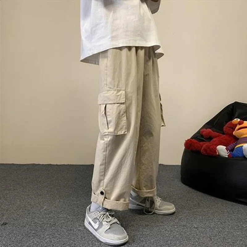 Solid Color Multiple Pockets Cargo Pants Classic Straight Cylinder Loose Broad Leg Waist Drawcord Street Casual Male Trousers 240822