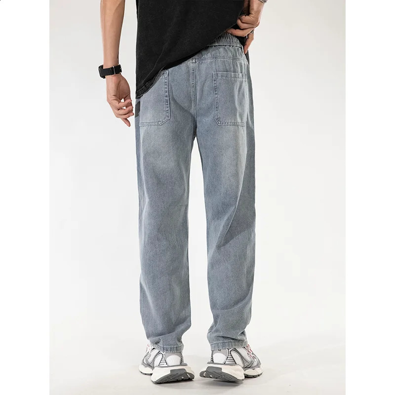 2024 Korean Fashion Mens Baggy Jeans Elastic Waist Classic olid Color Straight-leg Denim Wide-leg Casual Drawstring Pants Male 240821