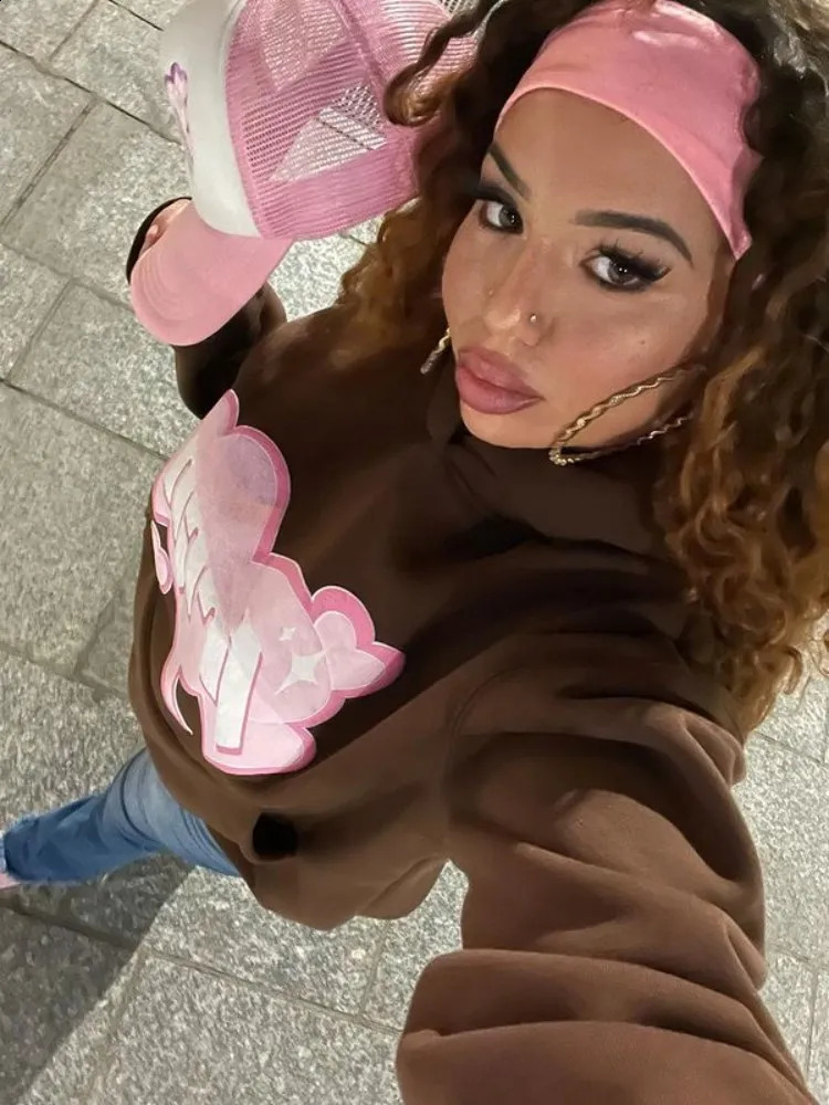 Letter Pattern foam Brown Loose Hoodie Womens Y2K Jacket Gothic Punk 2000S Mens Sweatshirt Zipper 240821