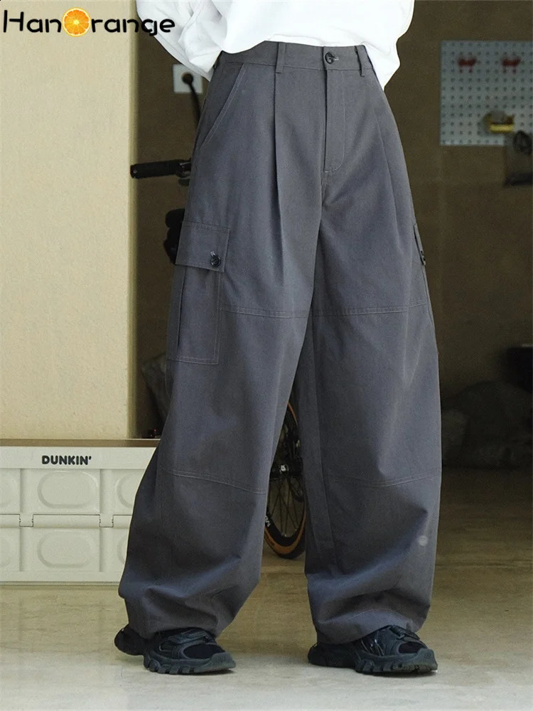 HanOrange Retro Large Pocket Cargo Pants Womens Spring High Waist Wide Leg Loose Trouser Military GreenSmoke Grey 240821