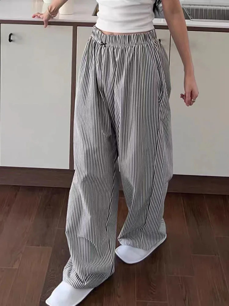 Korean Cotton Bow Striped Wide Leg Women Casual Loose High Waist Pockets Mopping Pajama Pant Comfort Home Straight Trousers Z260314