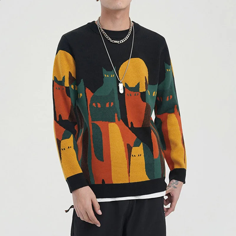Autumn Knitted Sweater Men Winter Harajuku Cartoon Full Cat Print Pullover Spring Vintage Male Causal Loose Sweaters Streetwear 240821