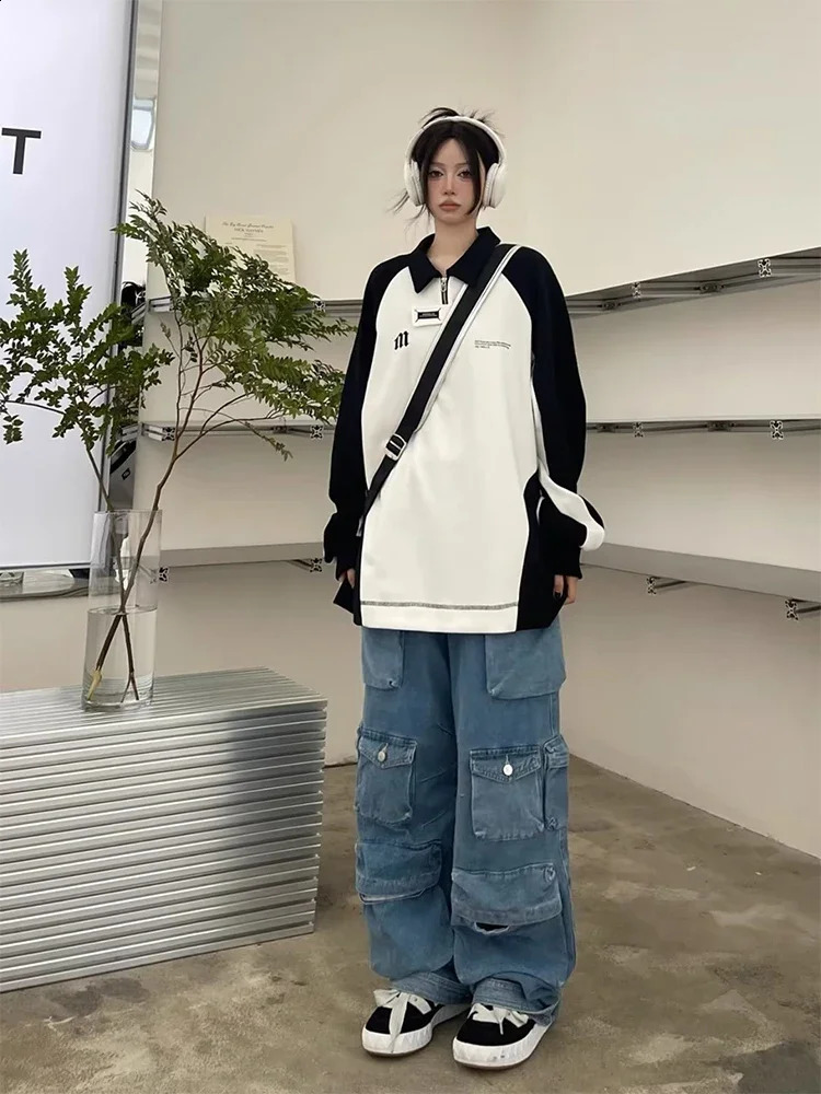 Fashion Washed Jeans Multi-Pocket Cargo Pants Y2k Retro Streetwear High Waist Jeans Casual Wide Leg Pants Blue 240822