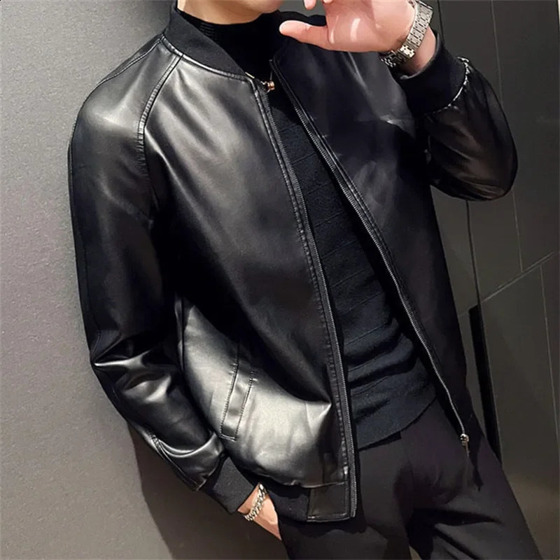 Mens PU Leather Jacket Fashion Baseball Collar Casual Jackets Solid Color Motorcycle Leather Outerwear Men 240822