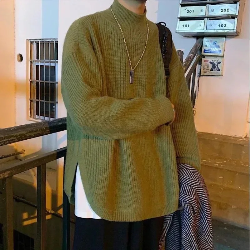 Man Clothes Turtleneck Knitted Sweaters for Men Half Collar Pullovers Black Solid Color Plain Selling Products X A Old 240821
