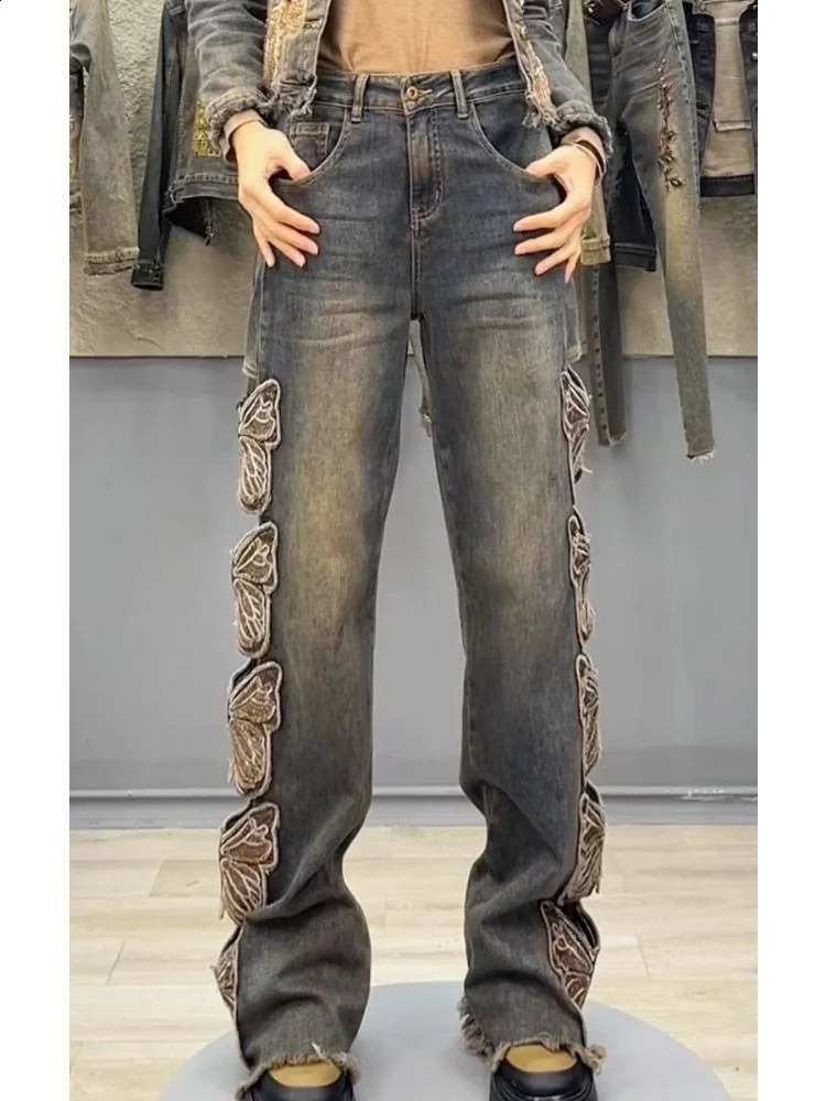 Summer Y2K Strtwear Harajuku Butterfly Decoration Denim Pants Womens High Waist Embroidery Loose Straight Hole Ripped Jeans Z260313