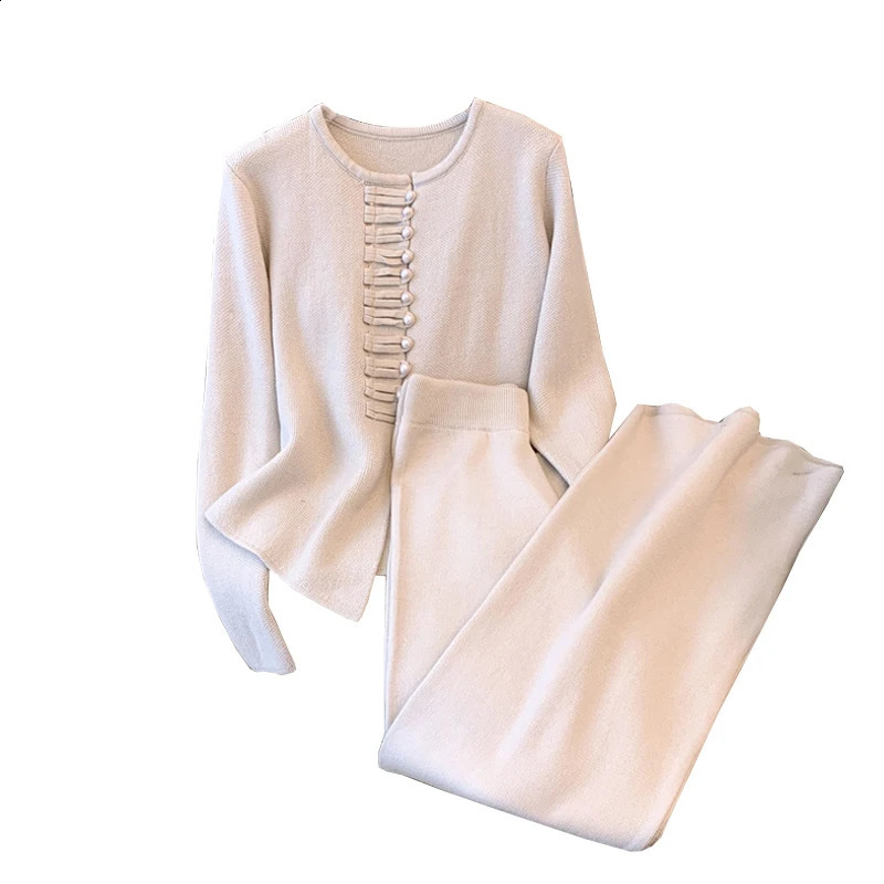 Womens suit Knitted 2 pieces Set Tracksuits Women Autumn Personal button Casual O-neck Loose SweaterWide leg pants Suits cloth 240805