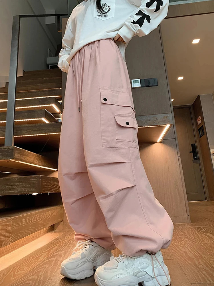 Loose Women Cargo Pants Casual Pockets Pink Student Trousers Y2k Fall 90S Streetwear Female Pants 240821