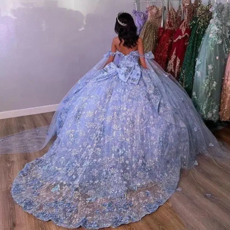 Off-the-Shoulder Sky Blue Sequin Quinceanera Dress with 3D Flower Embellishments and Beaded Corset Waistline