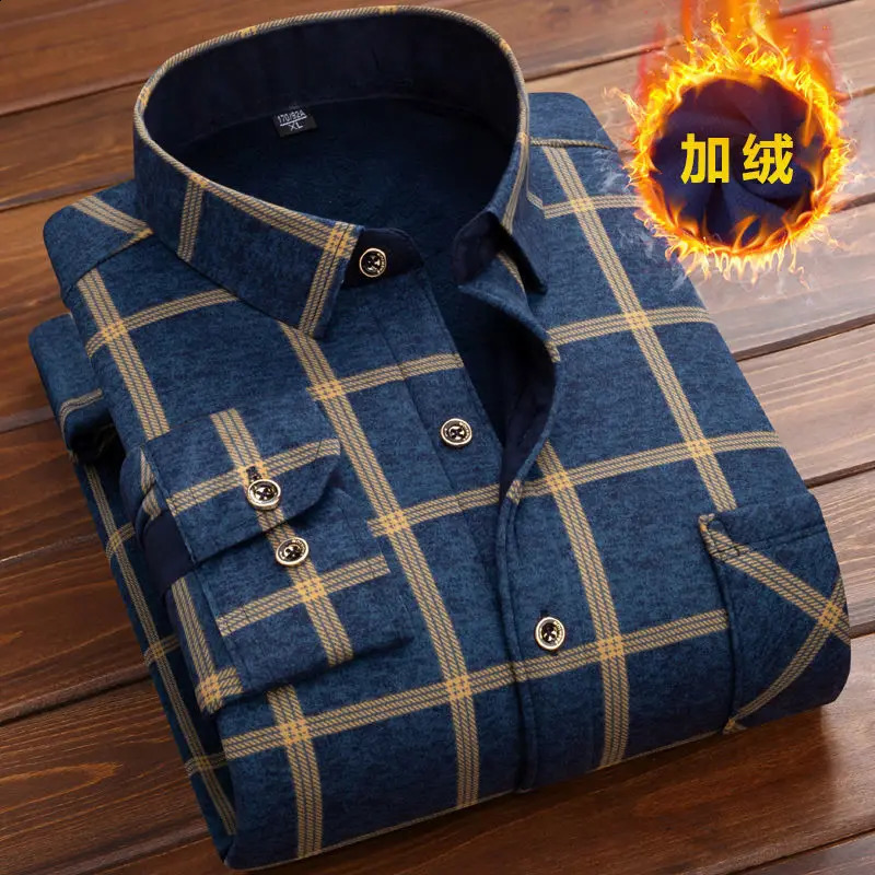 Autumn Winter Men Fleece Shirt Fashion Plaid Thick Keep Warm Shirt Male Print Long Sleeve Business Big size Shirt L-6XL 240822