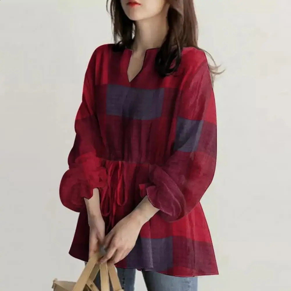 5XL plain weave elegant shirt Vneck ruffled cuffs waist tie simple casual flash long sleeved womens tuning top clothing 240822
