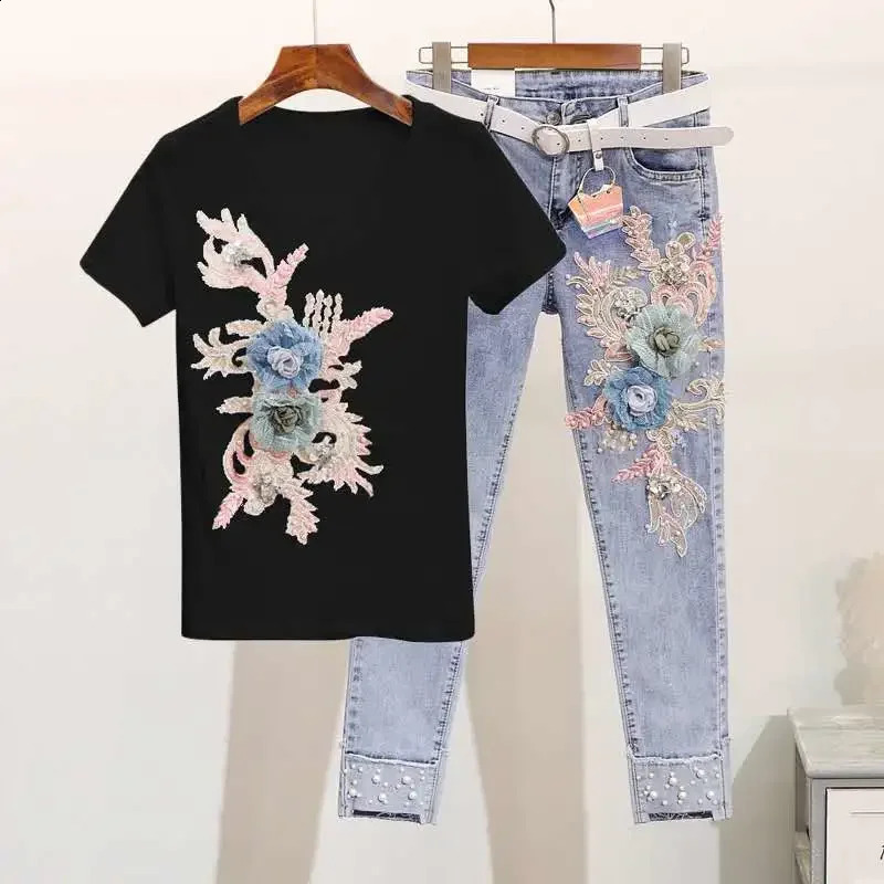 One-Piece/Set Summer Women Denim Pants Beaded Embroidery Short-Sleeved Small Feet Hole Jeans Female Two-Piece Suit425 240822