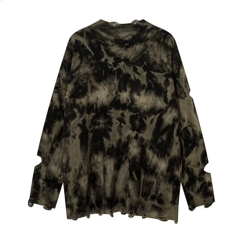 Autumn Fashion Tie-dye Vintage Ripped Hole Punk Sweater Men Women Harajuku Street Hip Hop Pink Knitwears Pull Homme 240821