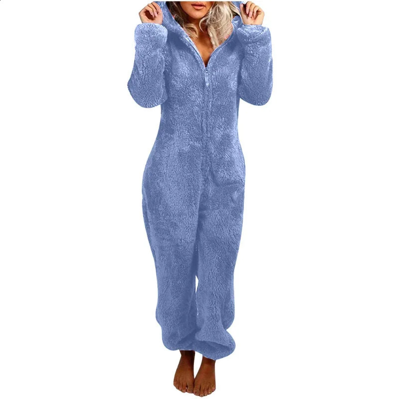 5XL Women Fluffy Jumpsuits Plush Velvet Hooded Outfits Tracksuits Zipper Loose Casual Rompers Winter Warm Overall Bodysuits 240821